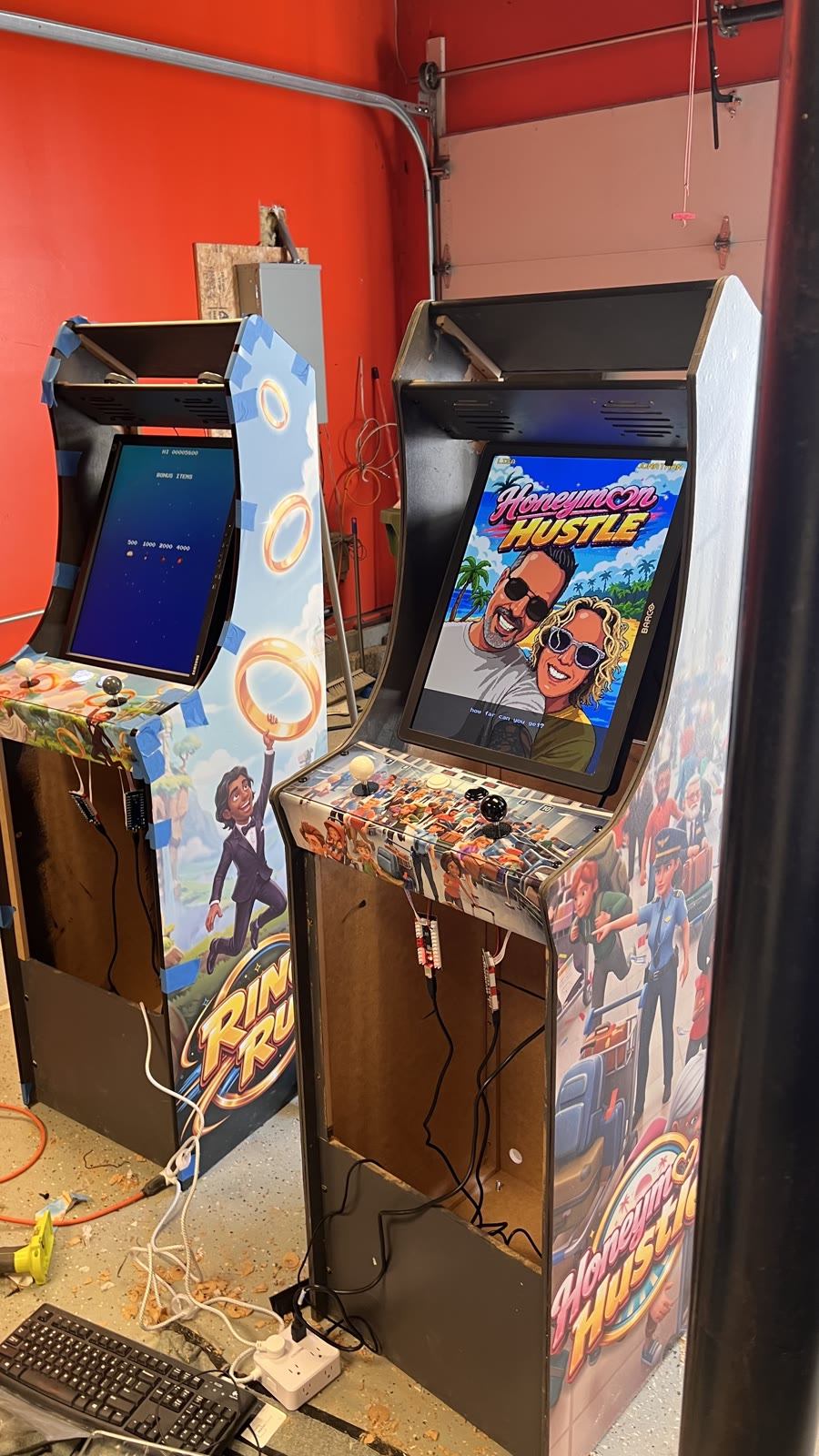 Honeymoon Hustle arcade cabinet with custom side art and title screen