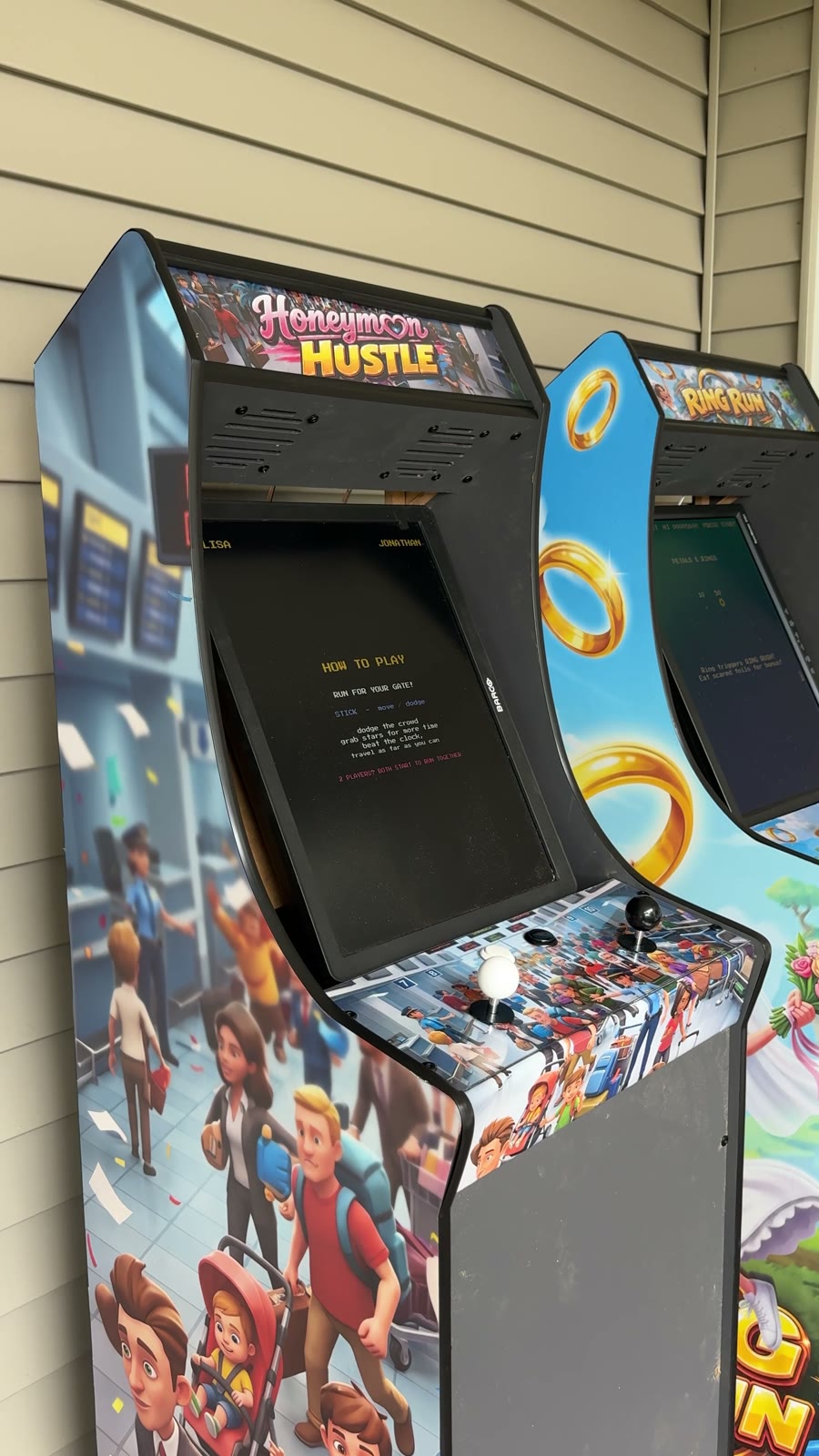 Ring Run and Honeymoon Hustle arcade cabinets side by side