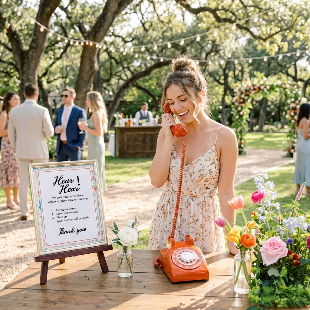 Wedding guest leaving an audio message on a vintage Hear Hear phone outdoors